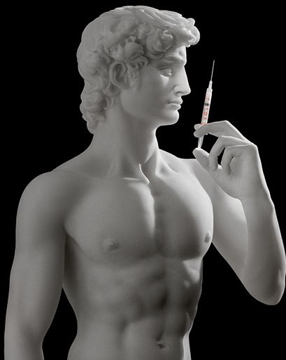 Greek status holding a syringe